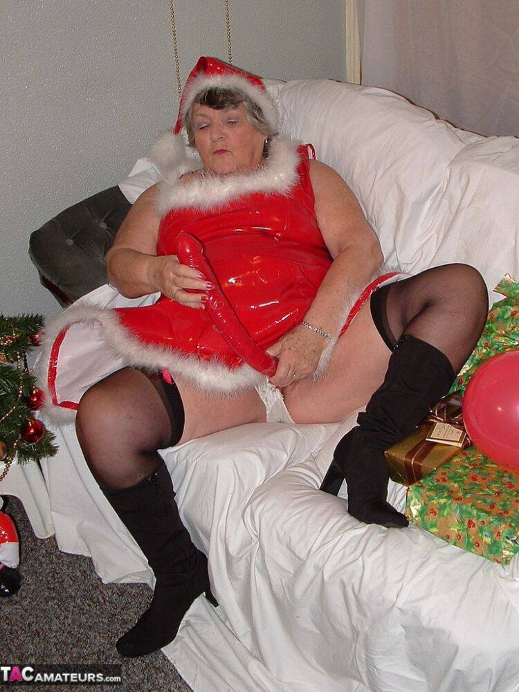 Obese nan Grandma Libby sucks and fucks Santa on a covered couch - #4