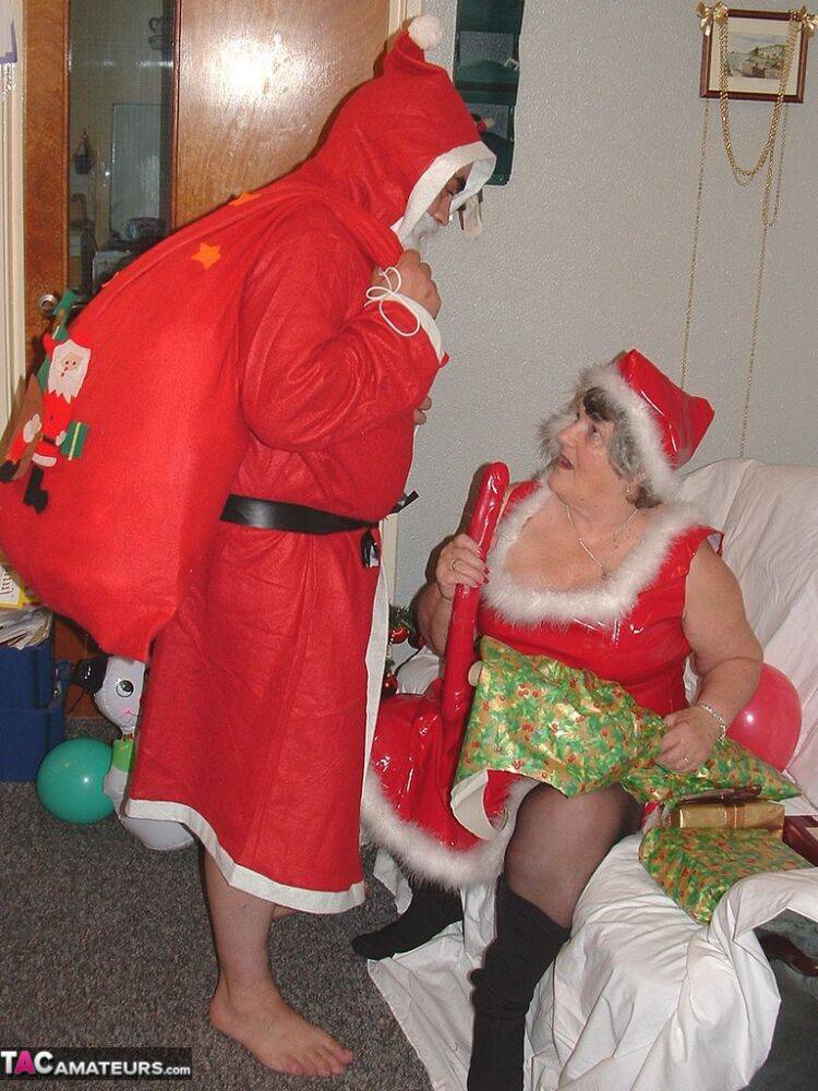 Obese nan Grandma Libby sucks and fucks Santa on a covered couch - #2