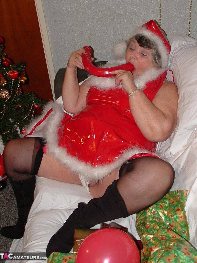 Obese nan Grandma Libby sucks and fucks Santa on a covered couch - #12