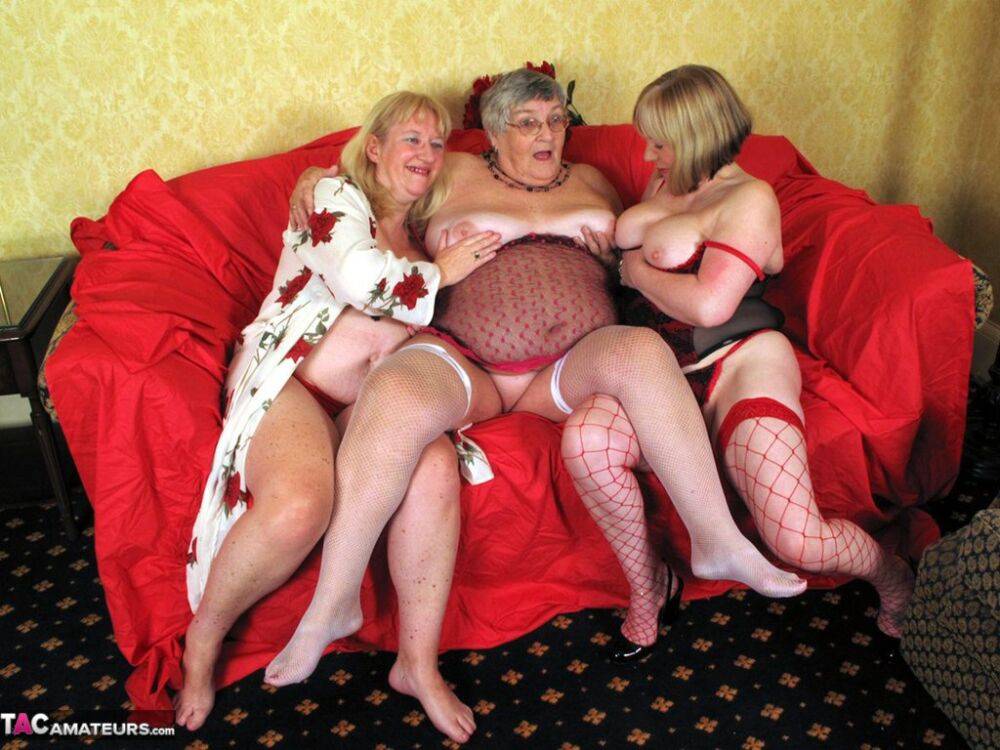 Fat nan Grandma Libby fondles a couple of older women's vaginas on a loveseat - #14