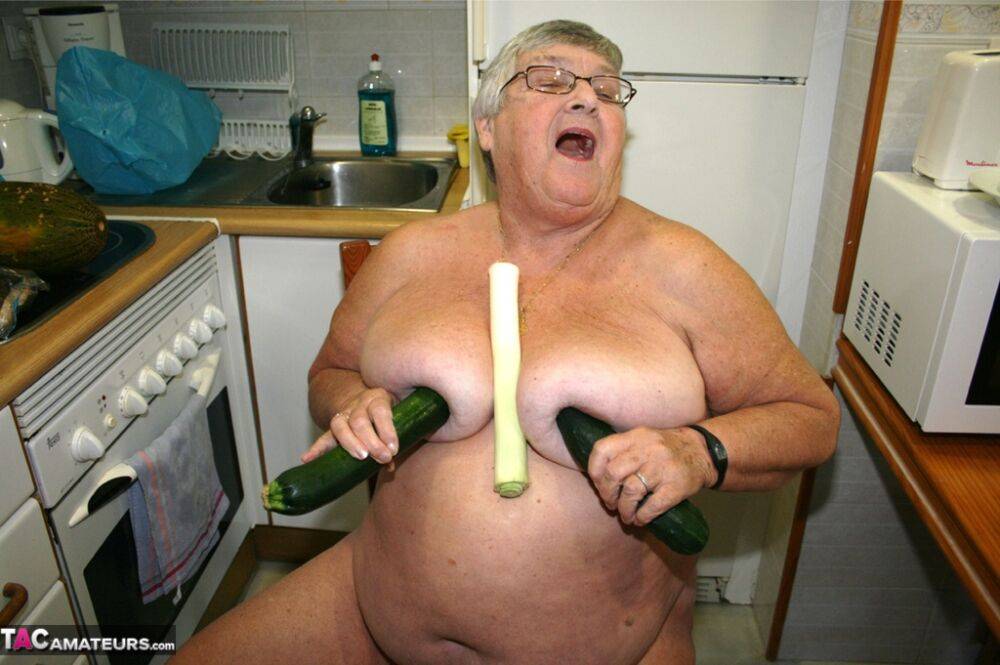 Obese UK nan Grandma Libby gets totally naked while playing with veggies - #8