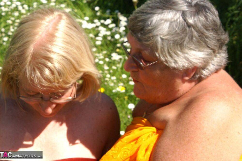 Fat old woman Grandma Libby and her lesbian lover cover each other in lotion - #6