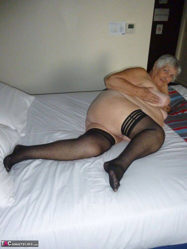 Fat man Grandma Libby doffs her lingerie before masturbating on her bed - #2