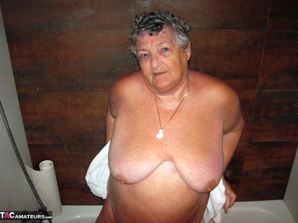 Obese amateur Grandma Libby blow drys her hair after taking a shower - #11