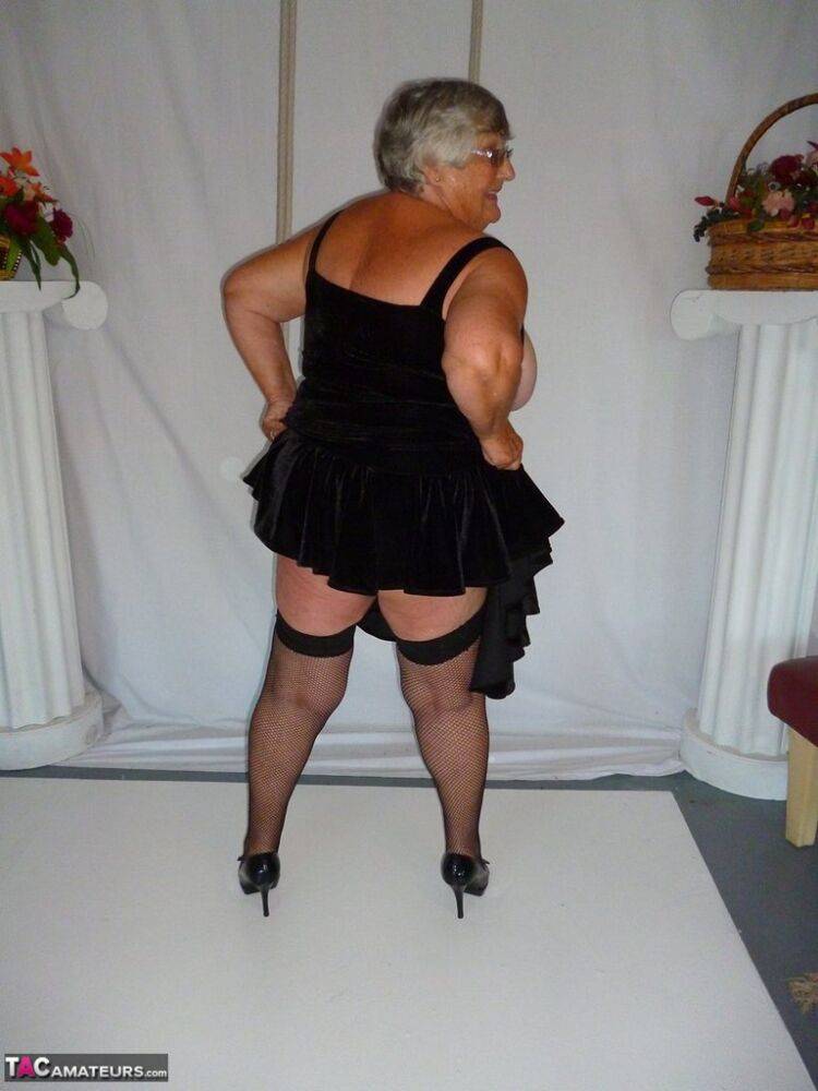 Fat nan Grandma Libby takes off a black dress to model naked in stockings - #11