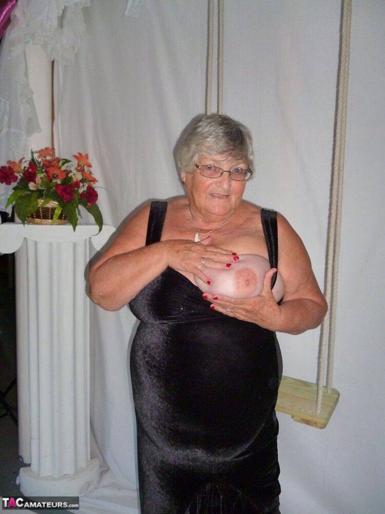 Fat nan Grandma Libby takes off a black dress to model naked in stockings - #13