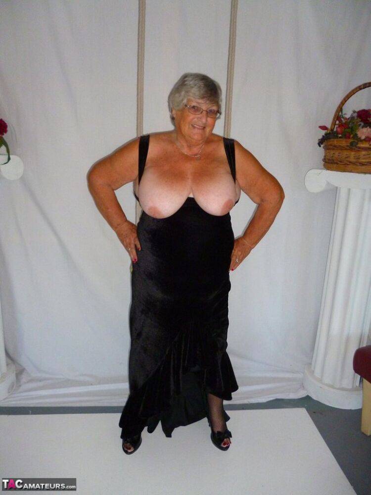 Fat nan Grandma Libby takes off a black dress to model naked in stockings - #8