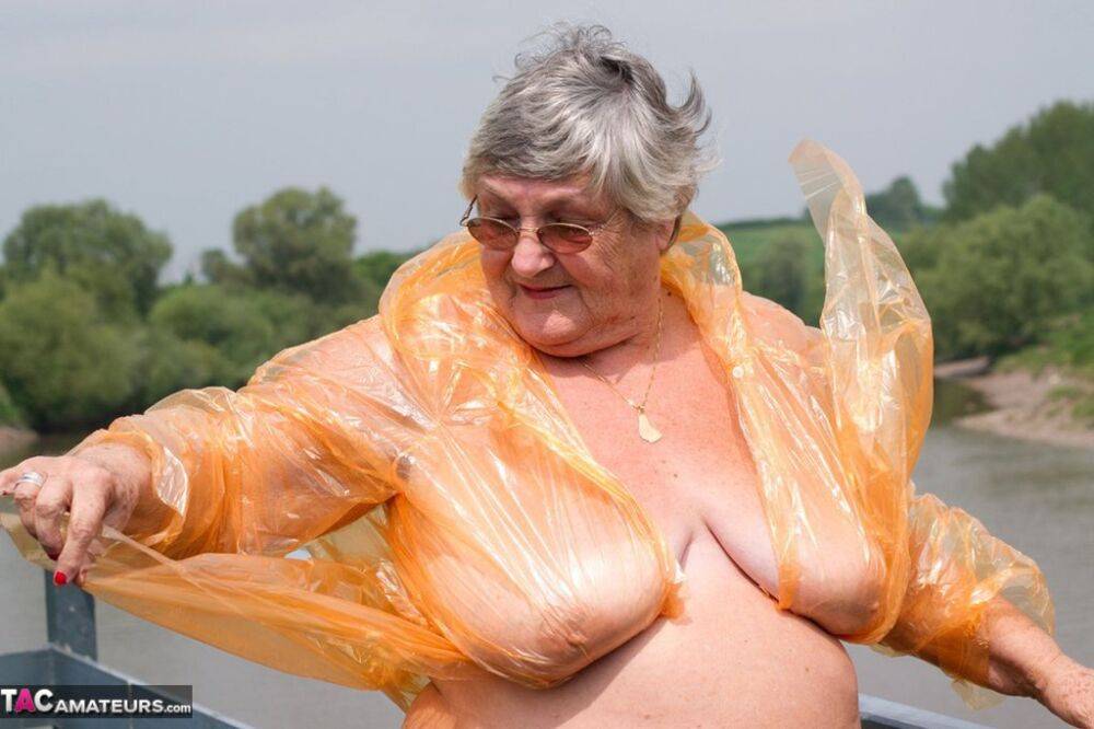 Obese British amateur Grandma Libby casts off a see-through raincoat - #4