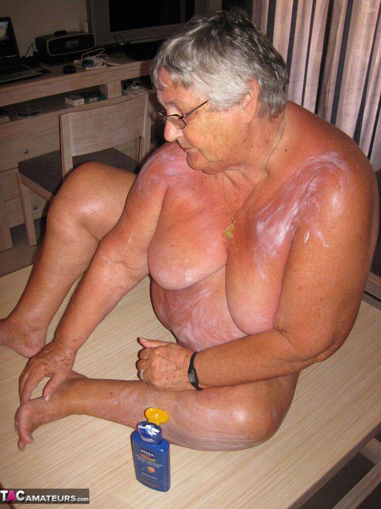 Obese old woman Grandma Libby covers her naked body in lotion - #4