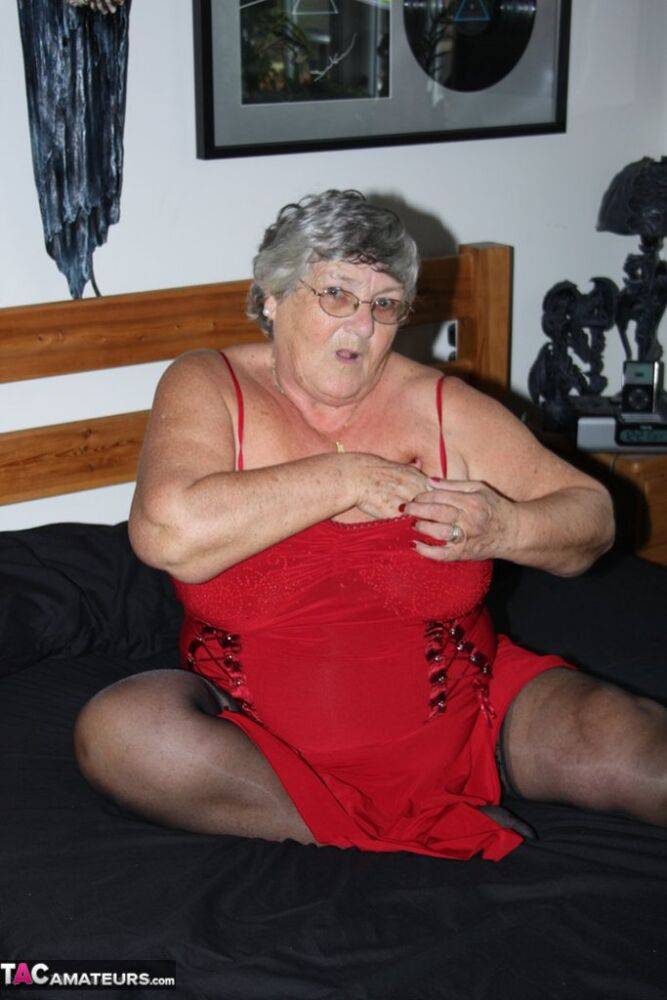 Overweight nan Grandma Libby finger fucks on a bed in lingerie and nylons - #7