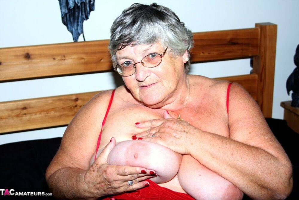 Overweight nan Grandma Libby finger fucks on a bed in lingerie and nylons - #14