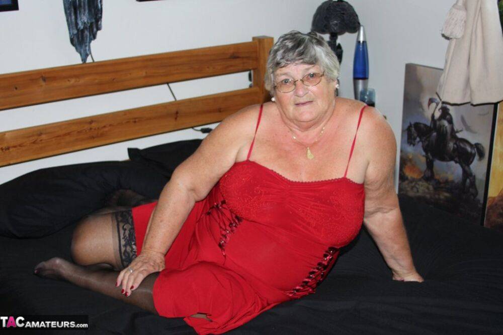 Overweight nan Grandma Libby finger fucks on a bed in lingerie and nylons - #1