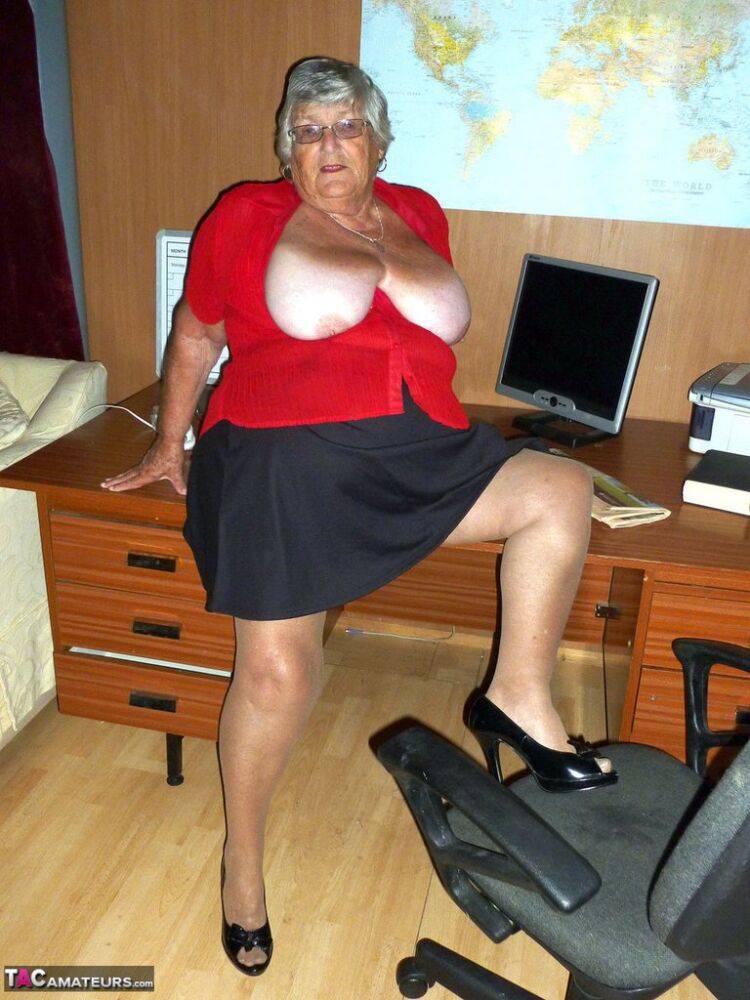 Obese British nan Grandma Libby gets totally naked on a computer desk - #15