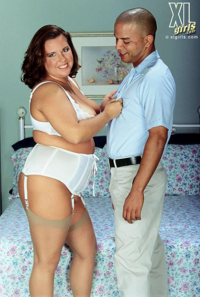 Mature BBW Joy Juggs seduces her man in white lace bra and granny panties - #3