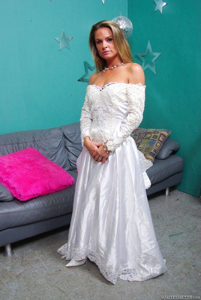 Clothed bride Amanda Blow shedding wedding dress before MMF sex - #3