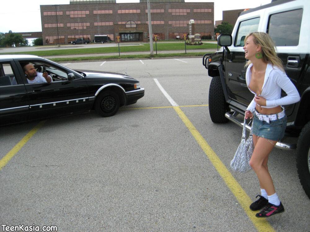 Young blond in white socks exposes upskirt panties on bench at fast food joint - #3