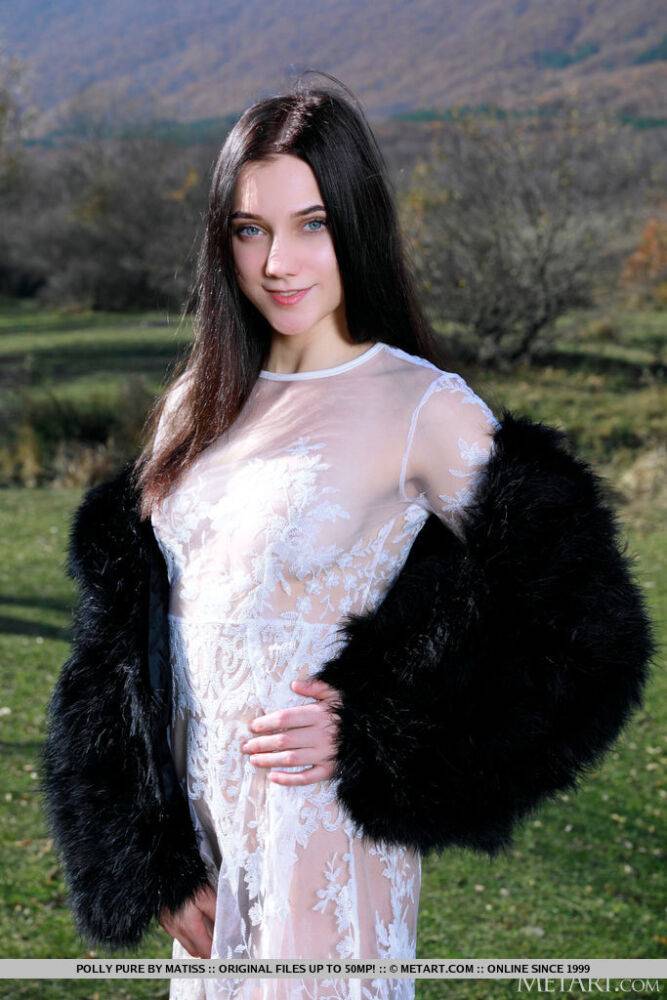 Nice teen Polly Pure slips off a white lace dress to pose nude in a rural yard - #2