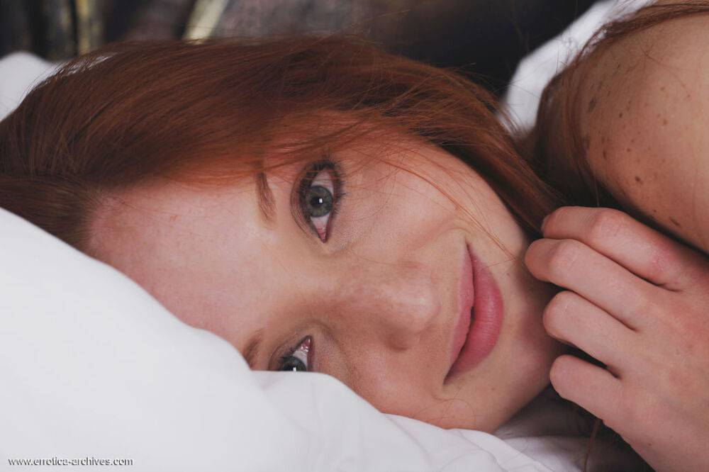 Natural redhead Micca displays her beautiful body in the nude on white sheets - #15