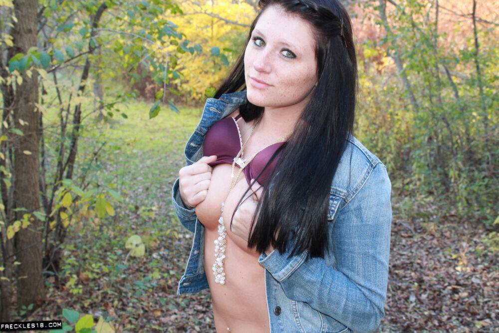 Erotic amateur Freckles teases in the woods wearing a white thong and boots - #4