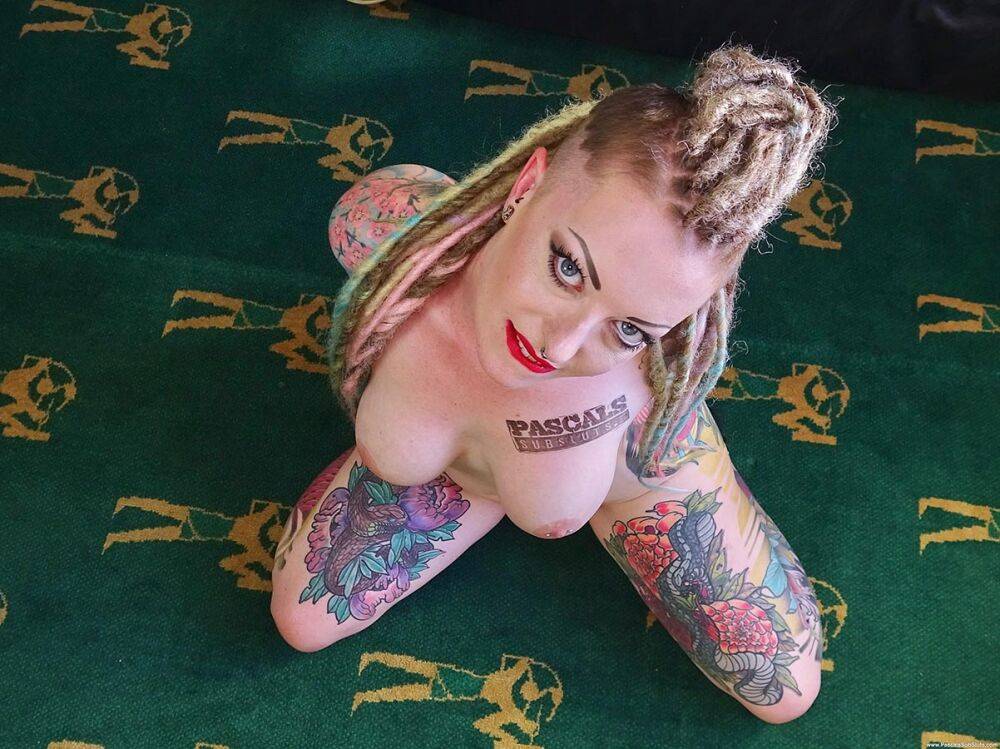 Heavily tattooed amateur Piggy Mouth removes a revealing dress to get naked - #6
