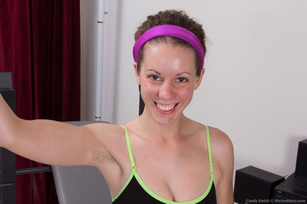 White girl Candy Smith shows her bush and hairy pits after pumping iron - #15