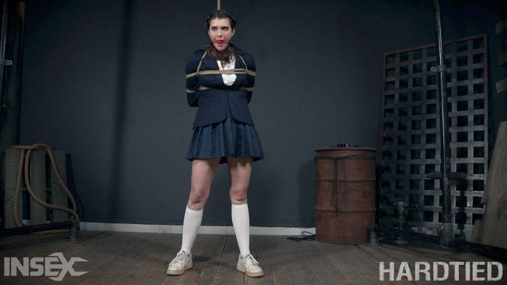 White girl Sosha Belle is suspended and tortured while in white knee socks - #6