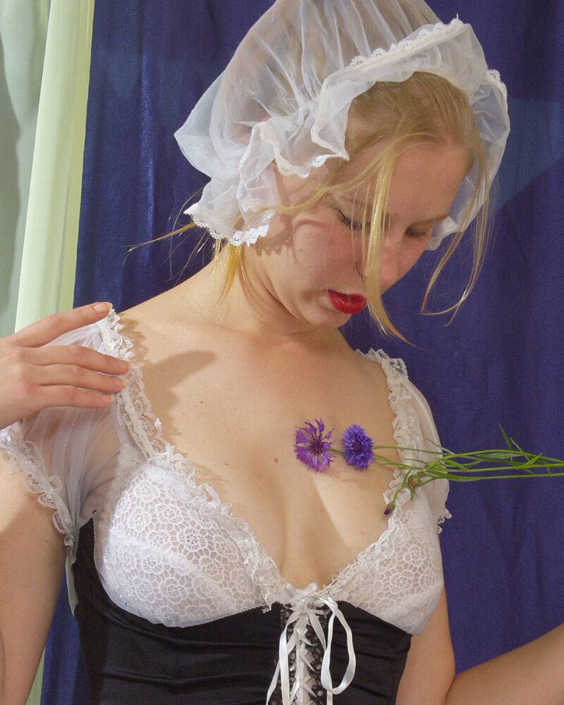 White girl removes maid attire before peeing on a bunch of flowers - #7