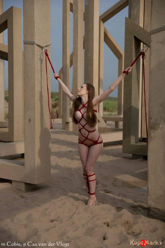 White girl Carmine Worx is tied with ropes to construction beams on a beach - #2