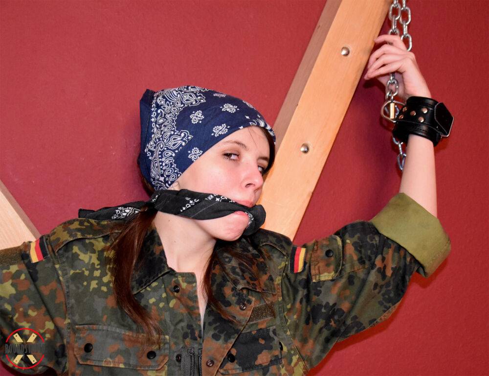 White girl exposes her breasts while cleave gagged and chained in camo - #4