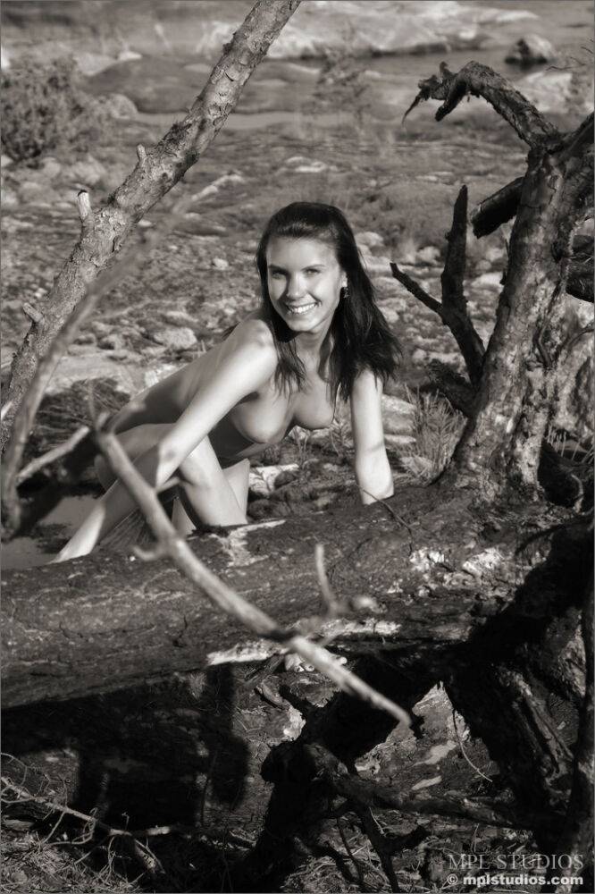 Skinny teen girl posing naked in a fallen tree in vintage black and white pics - #6