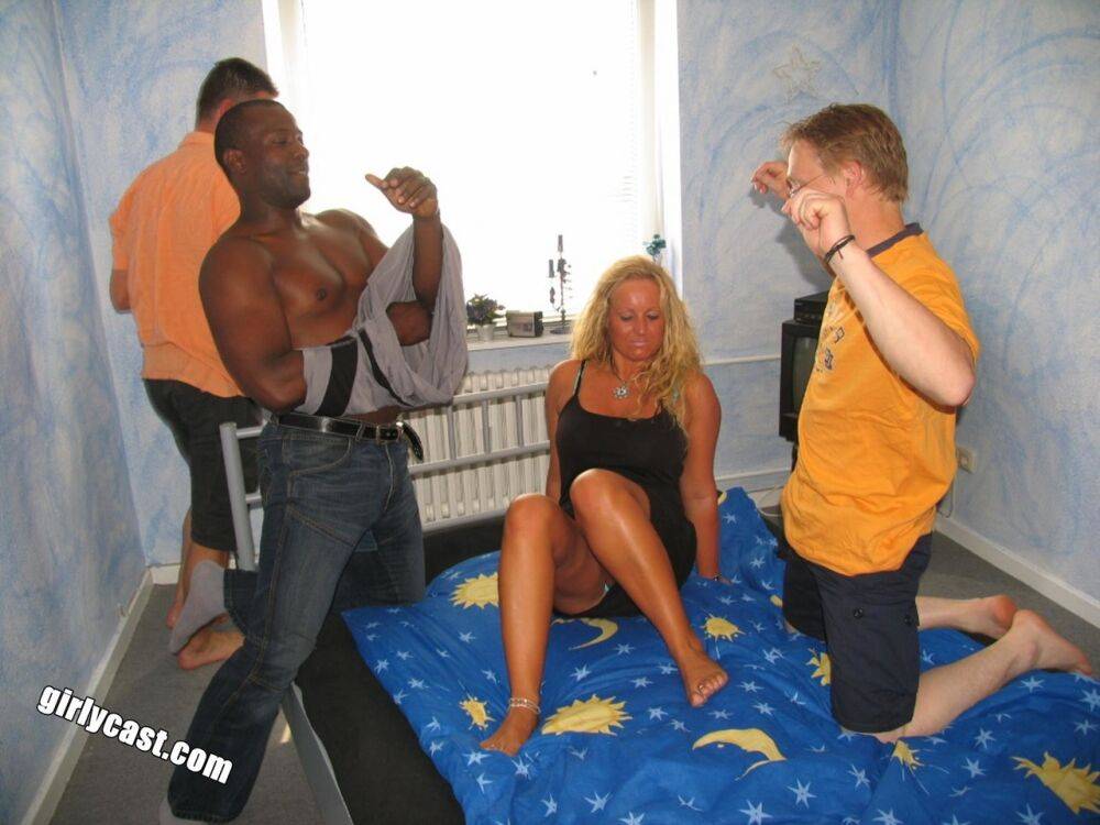 Blonde amateur gets gangbanged on her bed by black and white men - #11