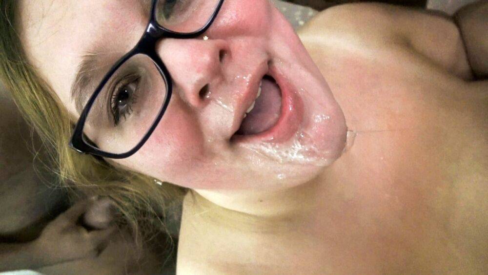 SSBBW spits out jizz after sucking off white and black cocks in her glasses - #6