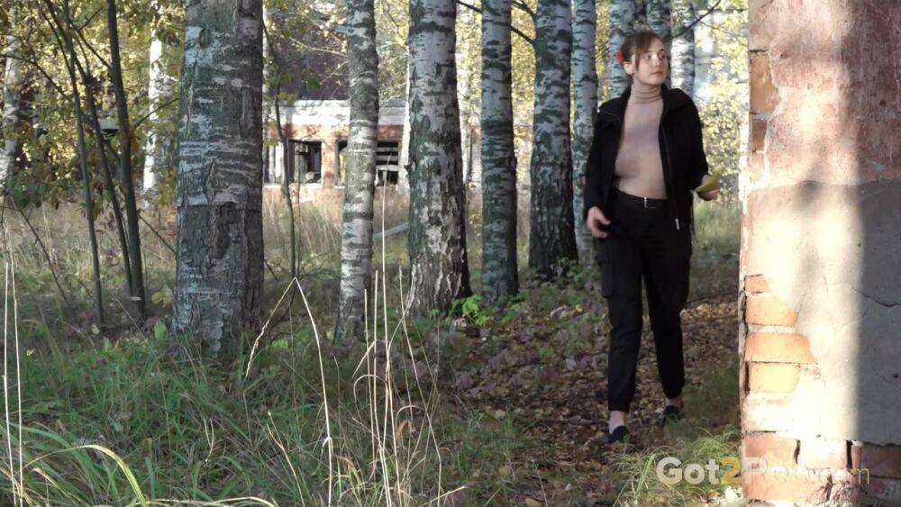 White girl Alexa ducks behind a structure in the woods for a quick piss - #7