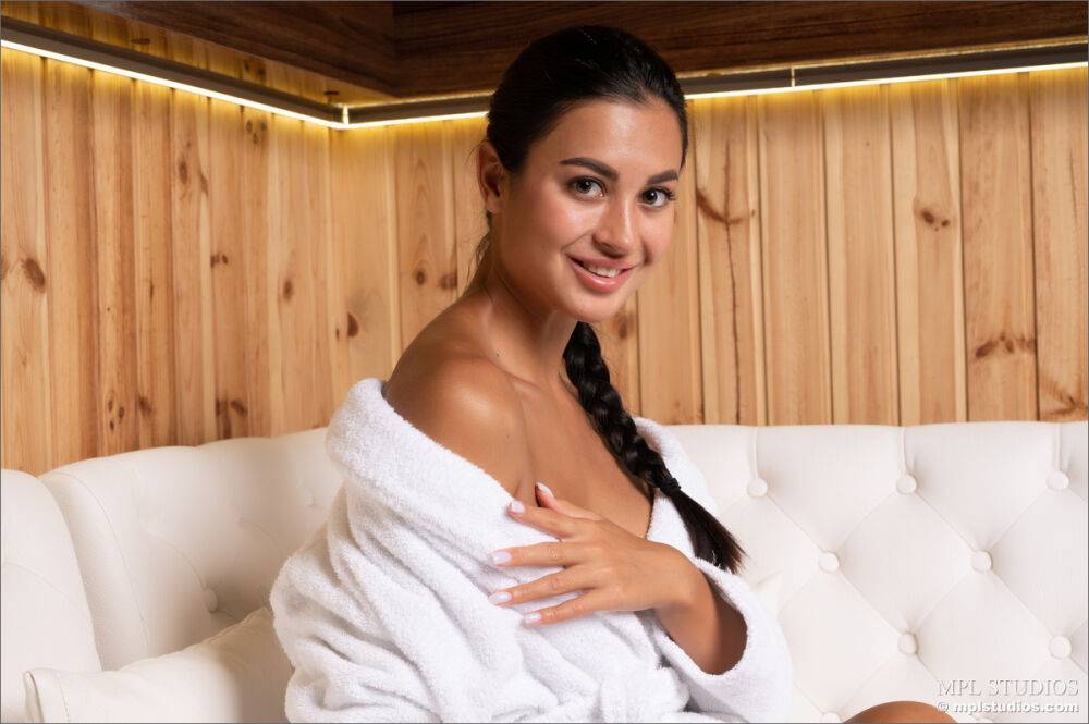 Beautiful brunette does the splits after removing a white house robe - #7