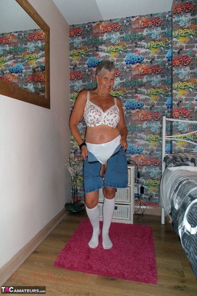 Silver haired granny Savana strips down to white knee socks in her bedroom - #7