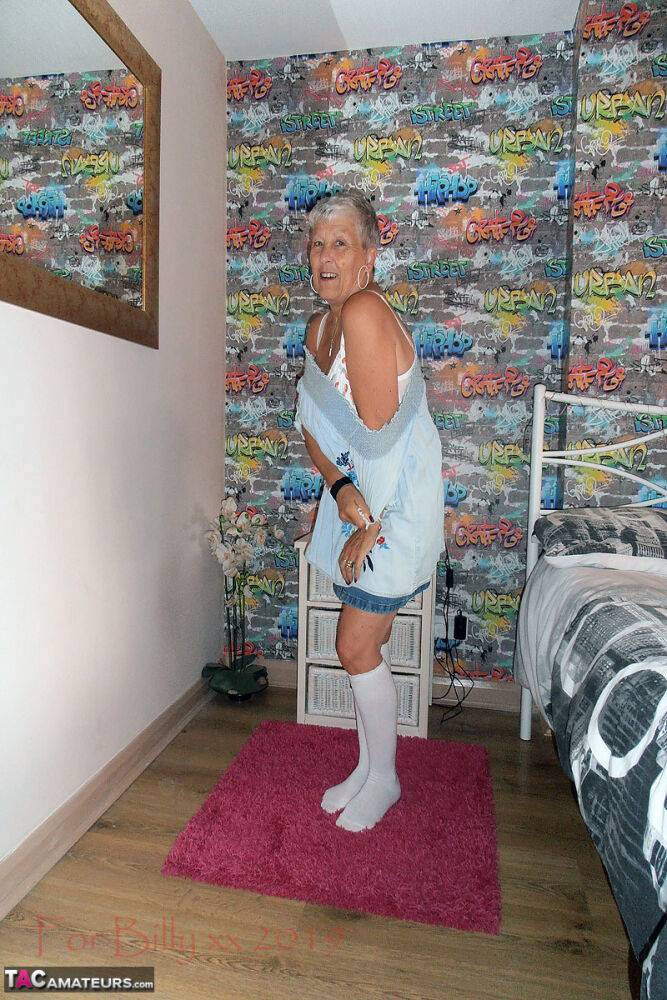 Silver haired granny Savana strips down to white knee socks in her bedroom - #8