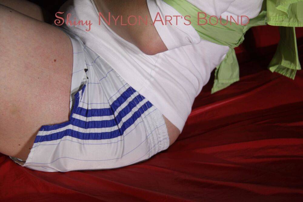 Sophie tied and gagged in white Shiny Nylon Shorts - #15