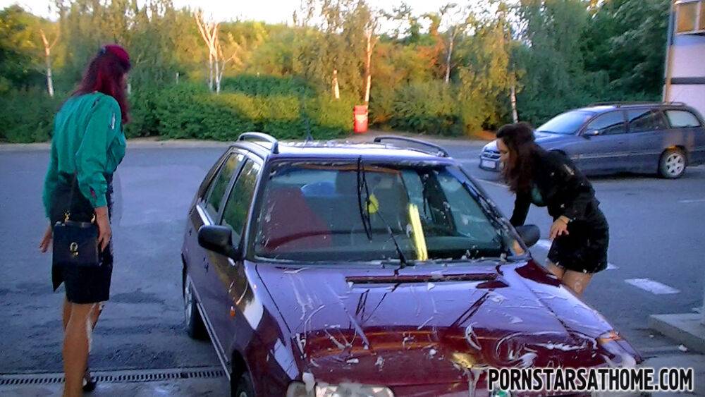 Glamorous ladies have some wet fully clothed car wash fun outdoor - #15