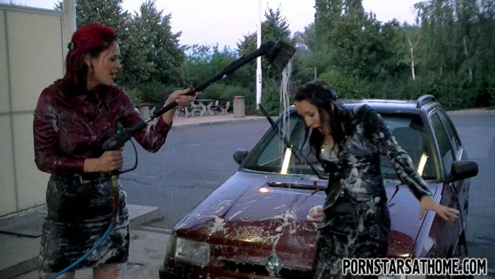 Glamorous ladies have some wet fully clothed car wash fun outdoor - #10