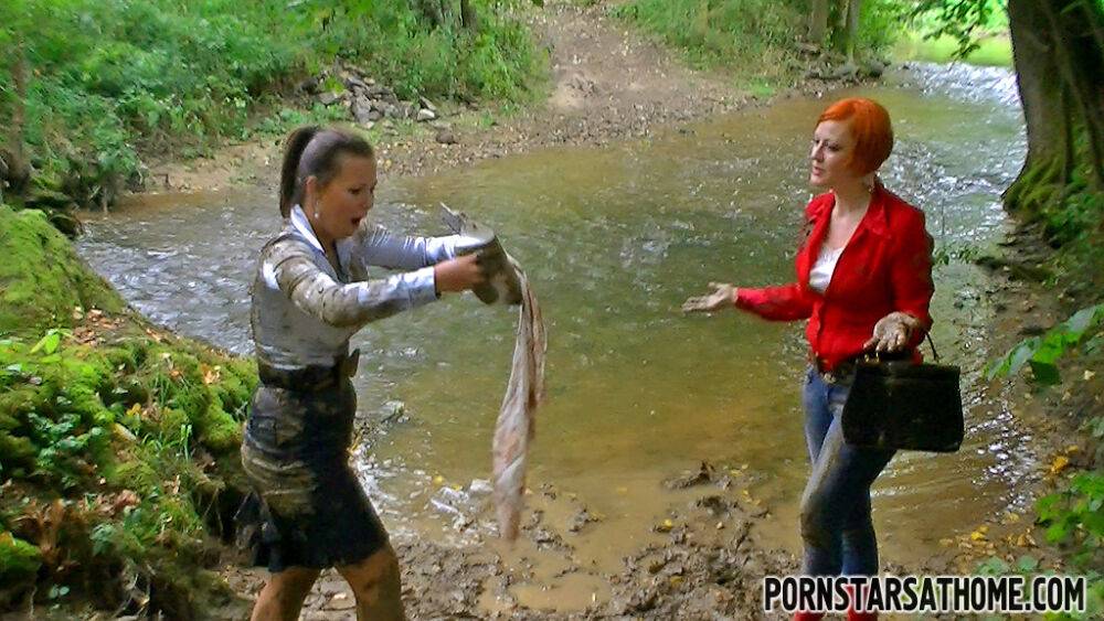 Kinky fetish ladies make some wet and messy fully clothed action outdoor - #2