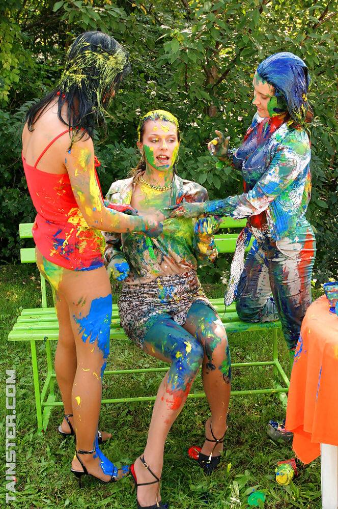 Playful european fetish ladies have some messy body art fun at the poolside - #13