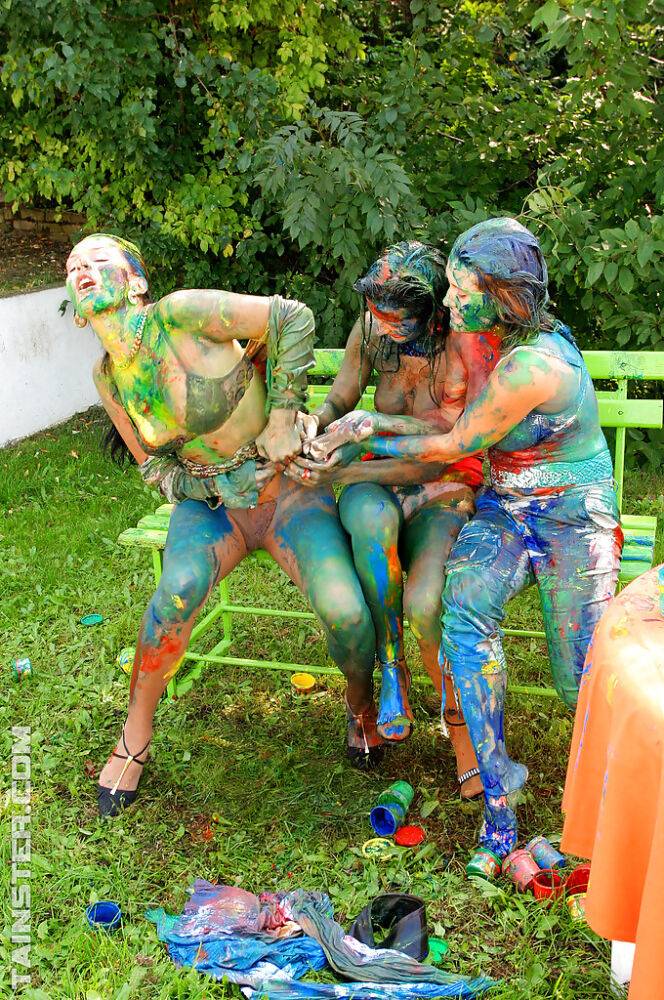 Playful european fetish ladies have some messy body art fun at the poolside - #4