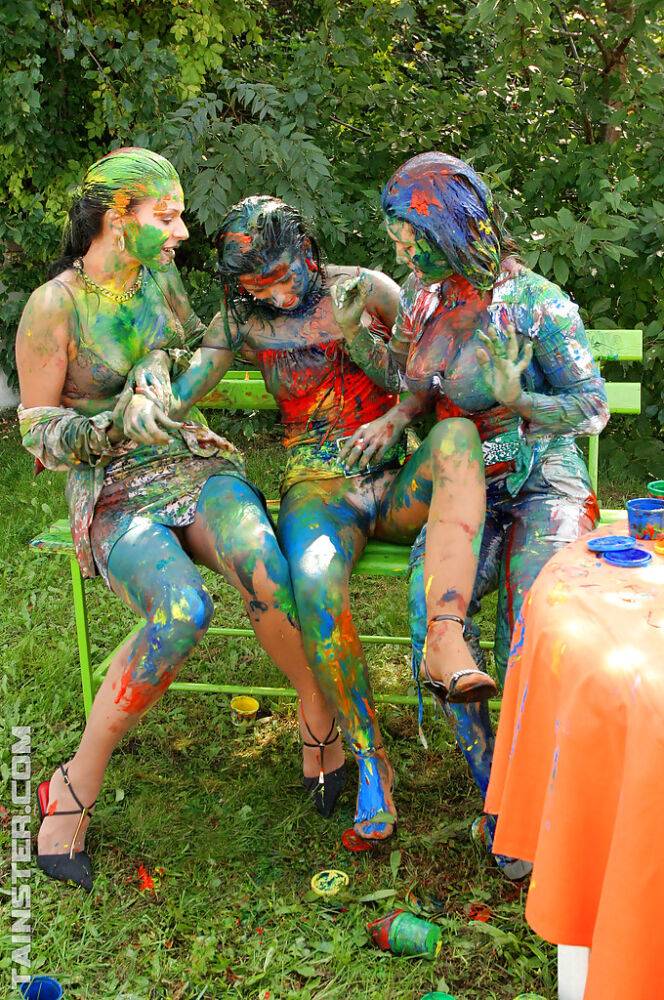 Playful european fetish ladies have some messy body art fun at the poolside - #10