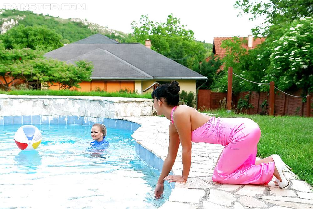 European fetish ladies have some wet fully clothed fun in the pool - #5