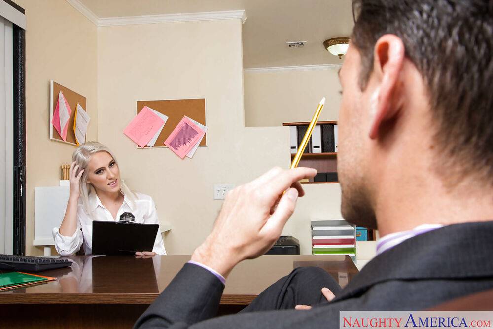 Platinum blonde secretary Cadence Lux fucking her boss on office desk - #7