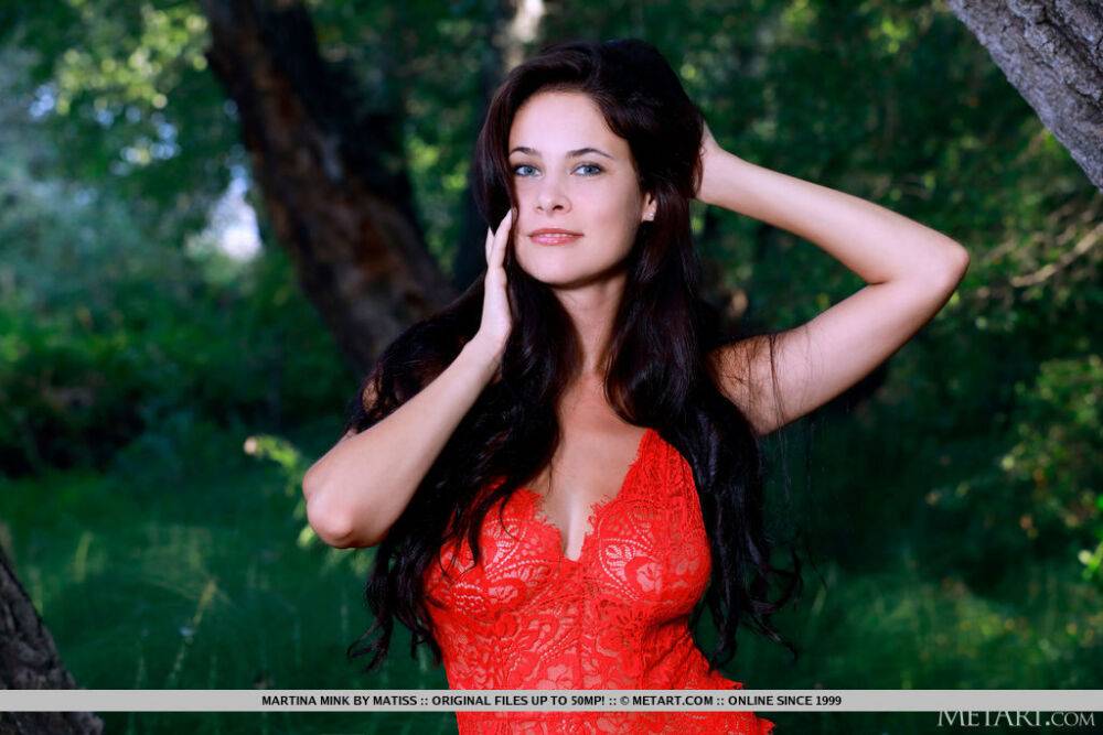Dark haired teen Martina Mink doffs red lingerie to model naked in the woods - #3