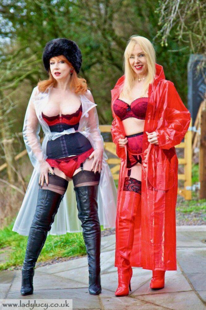 Lucy and Red in sexy vinyl macs, thigh boots and lingerie Naughty outdoor - #1