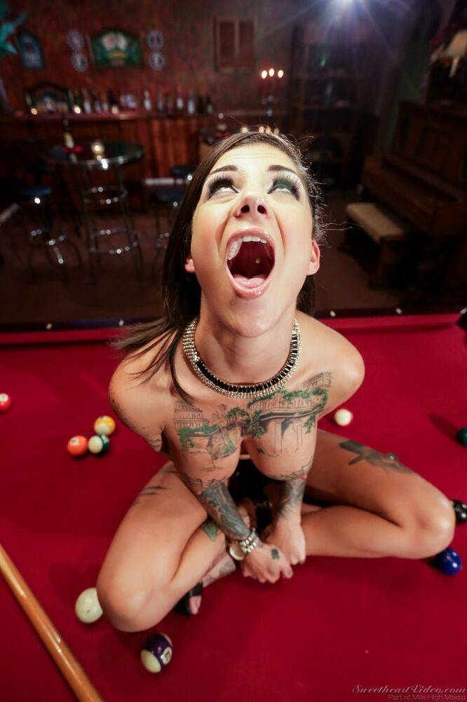 Big titted tattooed Bonnie Rotten strips leather to pose naked on pool table - #7