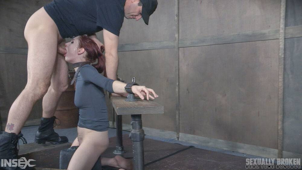 Pale redhead Violet Monroe undergoes a rough throat fucking in dungeon - #8