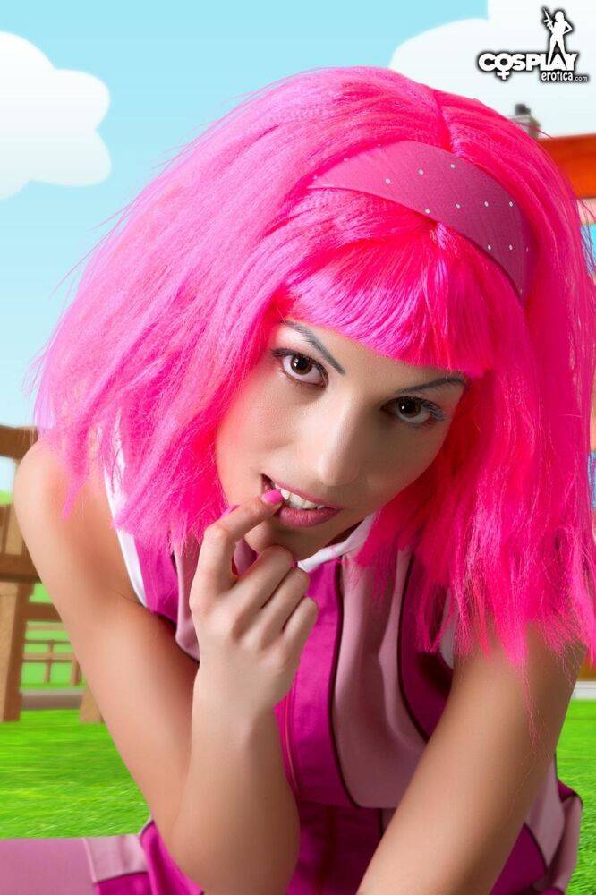 Adorable girl with pink hair Lazy Town exposes her nice body on a lawn - #5